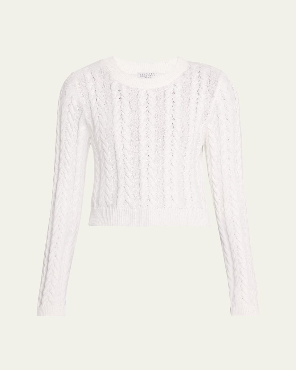 Micro Sequined Cotton Double Cable-Knit Sweater
